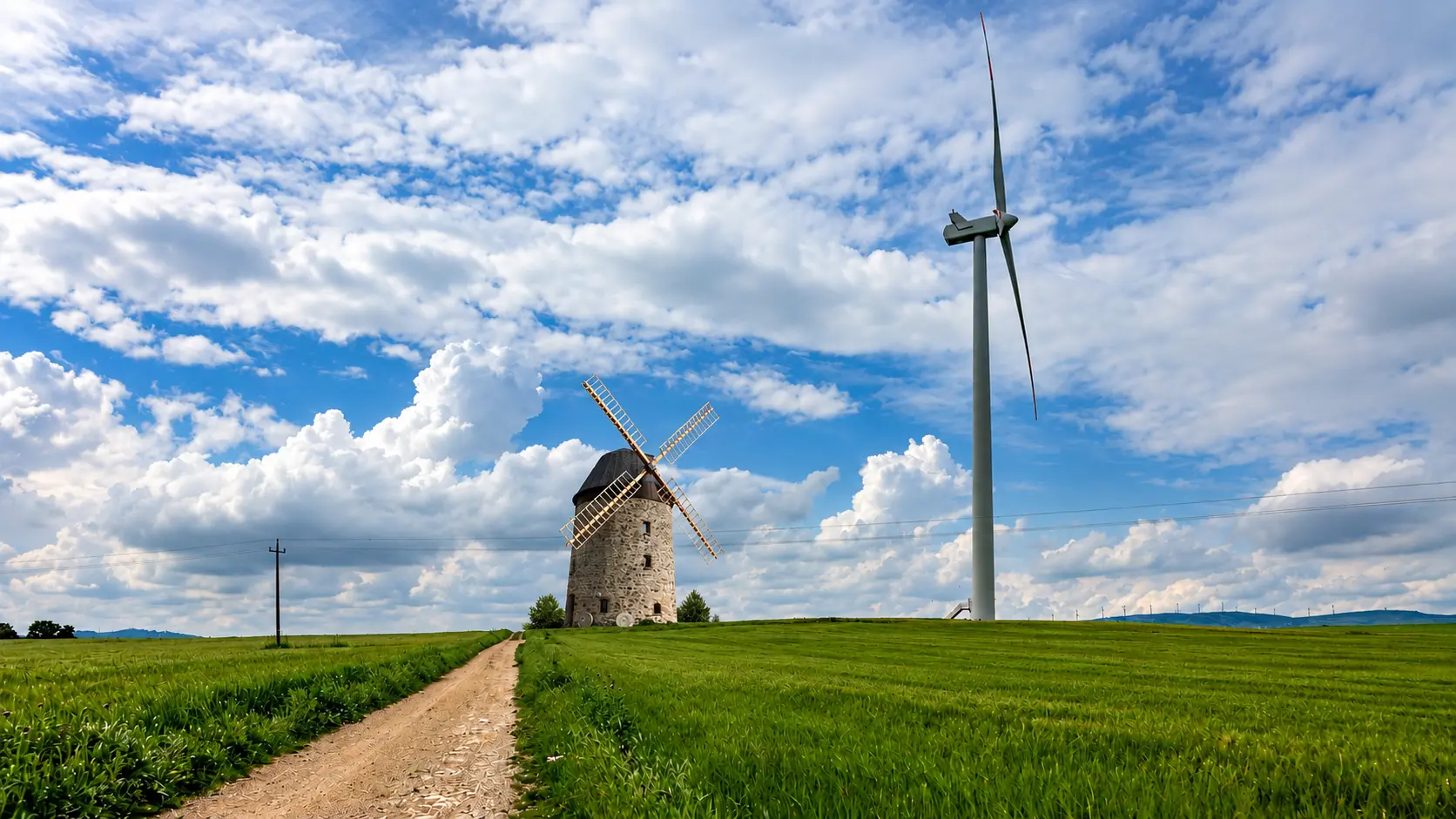Traditional windmill vs modern wind turbine